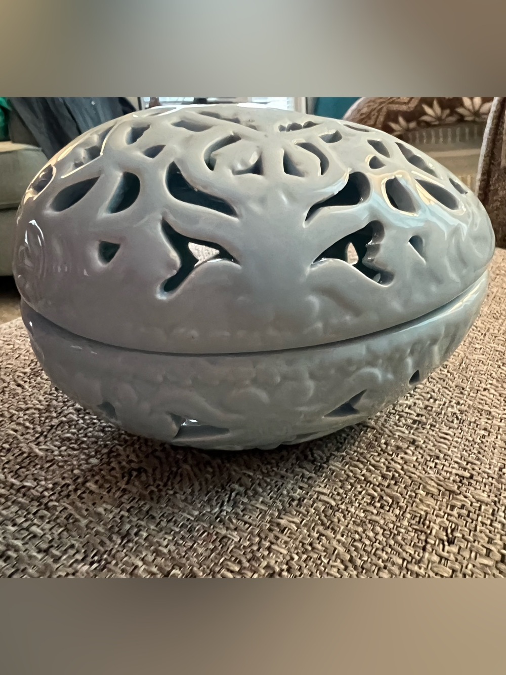Decorative Cutout Ceramic Lidded Bowl - Light Blue